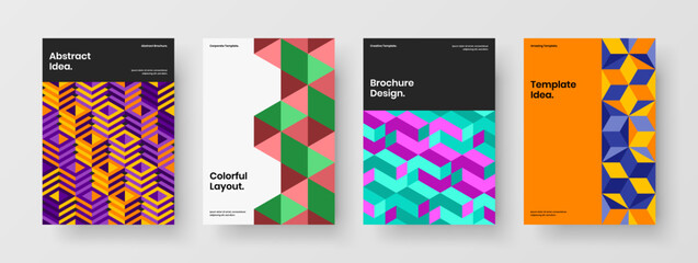 Fototapeta premium Vivid corporate brochure A4 vector design template bundle. Colorful mosaic hexagons journal cover concept composition.
