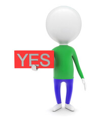 3d man holding yes text in a box in hands concept
