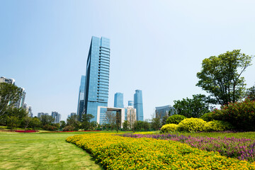 Obraz premium Green park next to business center buildings