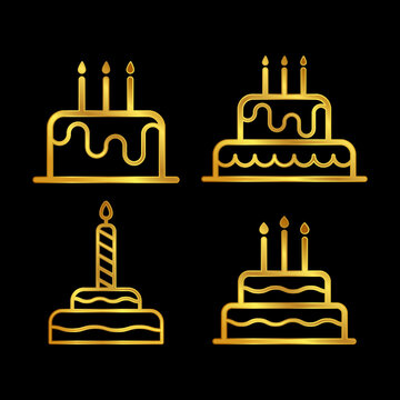 Collection Of Gold Birthday Cake Vector Icon