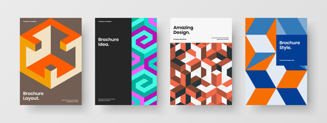 Obraz premium Modern journal cover design vector template set. Trendy mosaic shapes front page concept bundle.