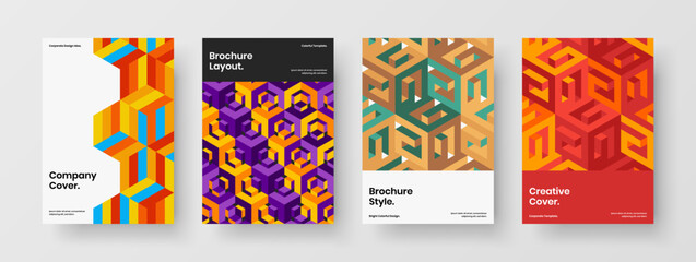 Multicolored geometric tiles corporate cover layout bundle. Fresh front page A4 vector design illustration collection.