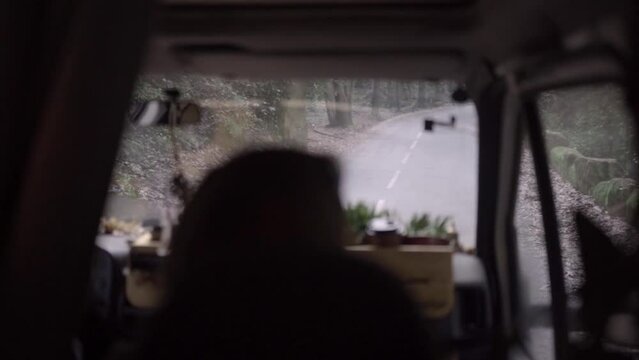 A woman copilot is sitting watching the road during a trip