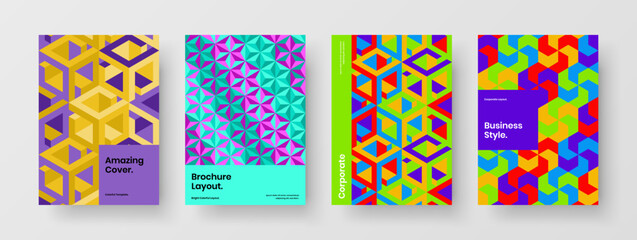 Fresh book cover A4 design vector template composition. Bright geometric hexagons corporate brochure illustration collection.