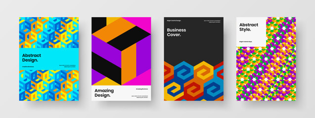 Colorful mosaic shapes poster illustration set. Clean catalog cover A4 design vector layout bundle.
