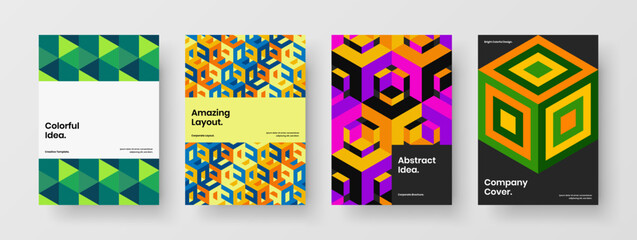 Unique catalog cover vector design concept bundle. Multicolored mosaic hexagons company brochure illustration collection.