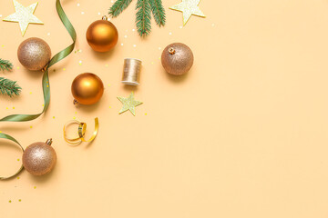 Beautiful composition with Christmas decorations on color background