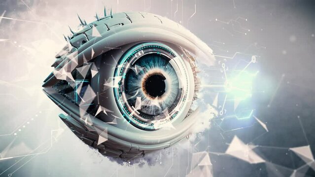 Concept of bionic cyber eye with glowing digital elements and plexus background