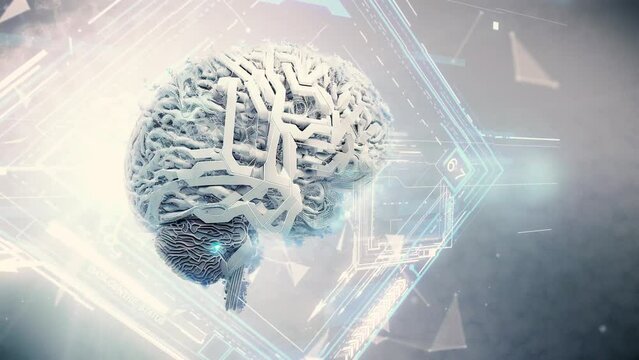 Artificial intelligence brain animation. Futuristic human brain interface concept. Robotic system. Intellectual programming of future human. 