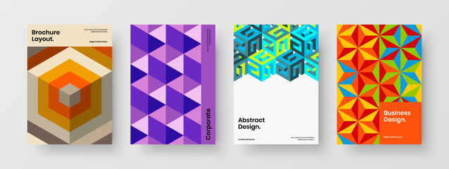 Bright geometric tiles pamphlet template composition. Fresh flyer vector design illustration set.
