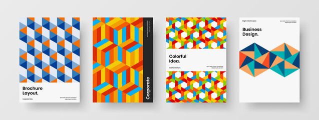 Isolated geometric tiles company cover layout bundle. Clean brochure vector design concept set.