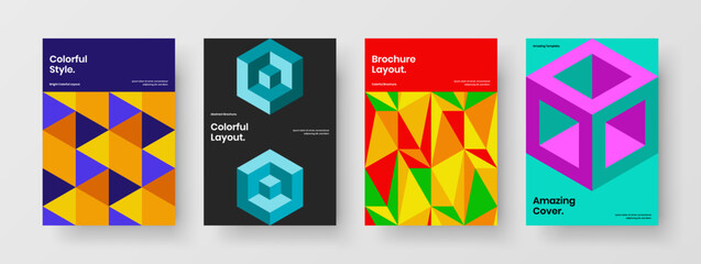 Multicolored corporate cover design vector template set. Trendy geometric shapes postcard layout bundle.