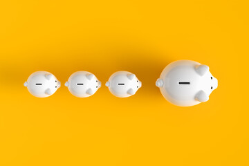 White piggy bank as row leader on yellow background. Financial leadership, guidance, savings, investment and business growth concept. 3D rendering.