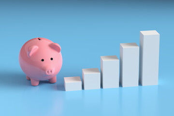 Piggy bank with ascending graph on blue background. Savings, profit or investment growth in business