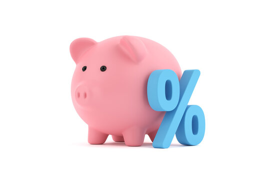 Savings percent, investment ratio or money accumulation. Piggy bank with a percentage sign on isolated white background.