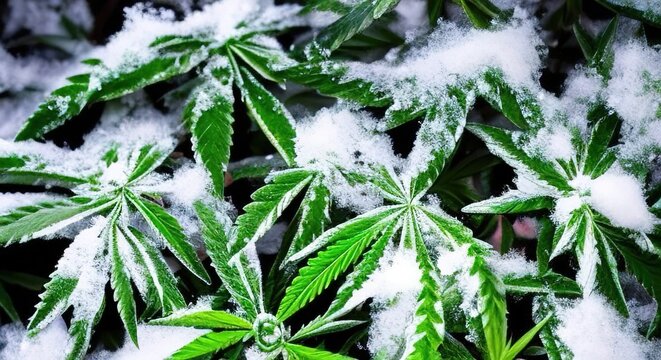 illustration of a colorful cannabis bush covered with snow like a Christmas tree