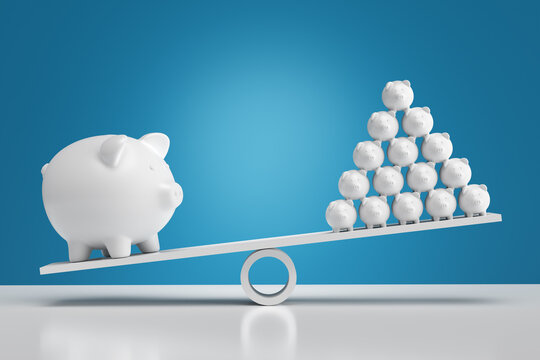 Financial inequality, wealth distribution and savings. Group of small piggy banks pyramid tower outweighs the small piggy banks on a seesaw.