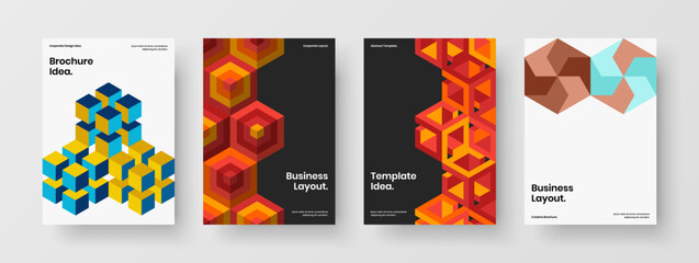 Multicolored book cover design vector concept composition. Premium geometric tiles postcard template bundle.