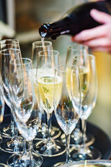 champagne glasses on catering table
