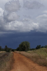 Fototapeta na wymiar Nimbostratus clouds of an approaching cold front and darkening sky as viewed from a rural country dirt road.