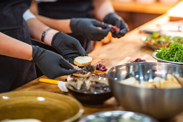 chef making catering food in restaurant - obrazy, fototapety, plakaty
