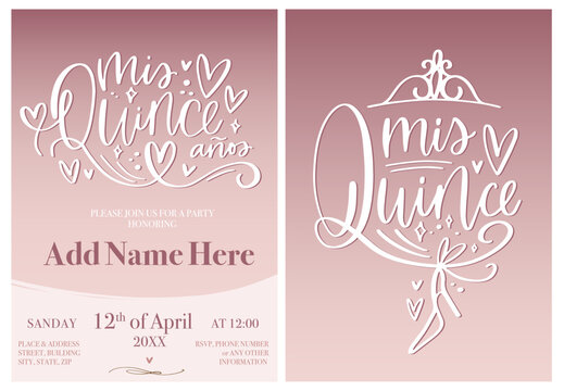 Quinceañera rose gold ombre party invitation template in Spanish language for 15th Birthday celebration. Modern calligraphy greeting card in blush pink and white colors. Luxury elegant design.