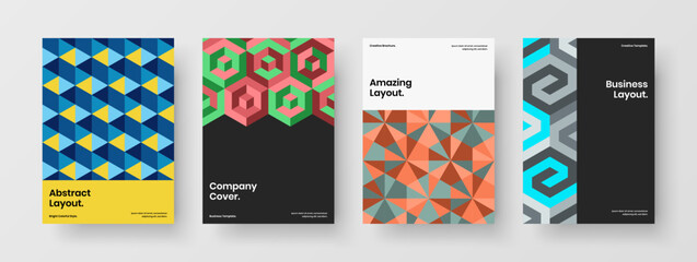 Multicolored flyer A4 design vector illustration bundle. Fresh geometric tiles journal cover concept set.