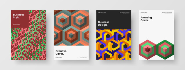 Unique geometric hexagons corporate identity illustration collection. Vivid catalog cover design vector layout set.