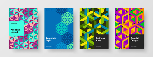 Amazing mosaic hexagons placard concept collection. Simple magazine cover A4 vector design layout set.