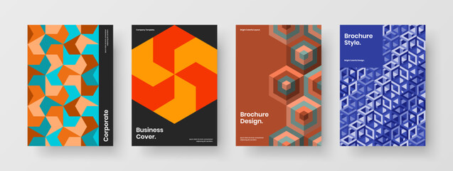 Unique journal cover design vector template set. Premium mosaic hexagons corporate identity illustration collection.