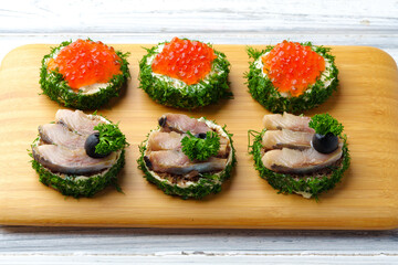 Catering banquet table food snacks with fish