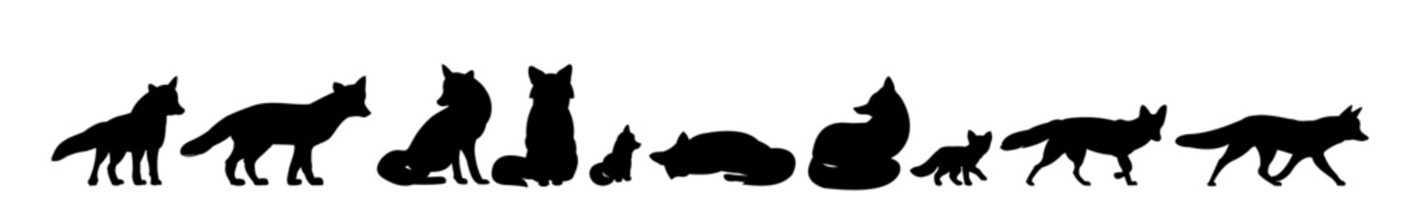 Foxes set. Horizontally composition. Animal silhouette. Wild life picture. Isolated on white background. Vector.