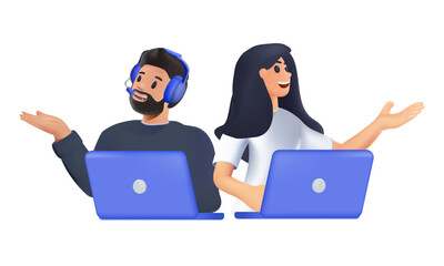 Customer service work, 3D hotline operators consult customers with headsets on computers, 24 7 global online technical support, Call center, call processing system, 3D render Vector illustration