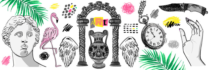 Vector abstract illustration in psychedelic style. Trippy. Greek art. Isolated background with Venus de Milo, arch, knife, vase, hand, pink flamingo, palm leaf, strokes. Modern.