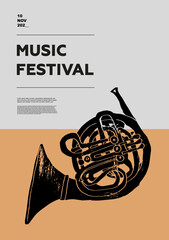 French horn. Music festival poster. Wind musical instruments. Competition. A set of vector illustrations. Minimalistic design. Banner, flyer, cover, print.