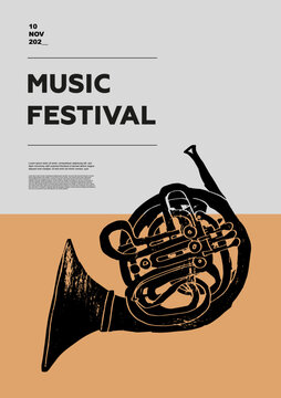 French horn. Music festival poster. Wind musical instruments. Competition. A set of vector illustrations. Minimalistic design. Banner, flyer, cover, print.