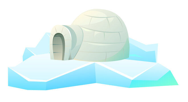 Snow igloo house on ice. Dwelling of northern nomadic peoples in Arctic. From ice and snow blocks. Isolated on white background. illustration vector.