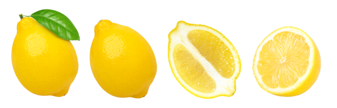 lemon fruit with leaves, slice, and half isolated, Fresh and Juicy Lemon, transparent png, cut out.