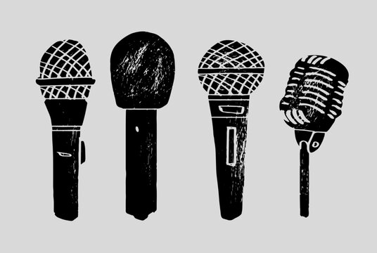 Microphones retro and classic style. White background. Silhouette microphone. Music icon, mic. Flat design, vector illustration