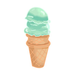 Hand drawn cute isolated clip art illustration of green ice cream cone with two scoops