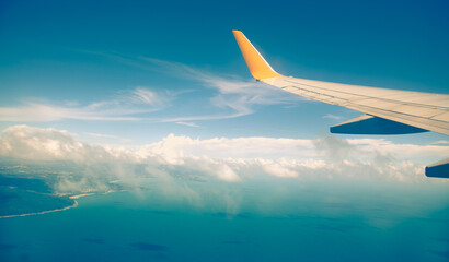 Morning sunrise with Wing of an airplane. Photo applied to tourism operators. picture for add text message or frame website. Traveling concept