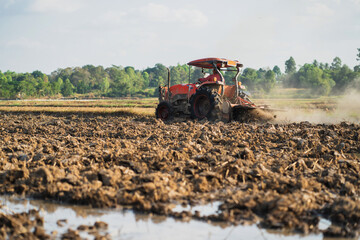 Agricultural tractors are plowing the soil in preparation for planting.