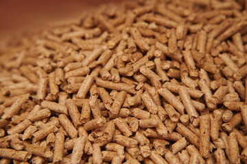 Wooden pellet top view. Close-up of ecological and sustainable fuel. Renewable house heating material. Woodpellet macro.