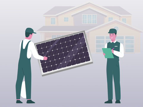 Illustration of 2 workers in uniform holding panel and writing on board are ready to install solar panel, in background is house, Energy panels produce electricity Eco-friendly Environment friendly te