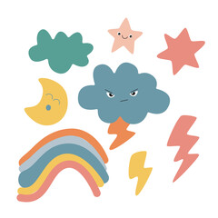 A cute set with thunderstorm, lighting, a rainbow, a moon, and stars. Vector, kawaii