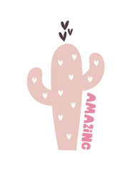 amazing. Cartoon cacti, hand drawing lettering, decor elements. colorful vector illustration, flat style. design for cards, print, posters, logo, cover