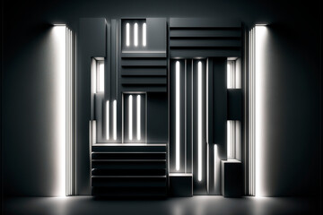 Black concrete wall with white Illuminated light strips,  generative ai geometric design  