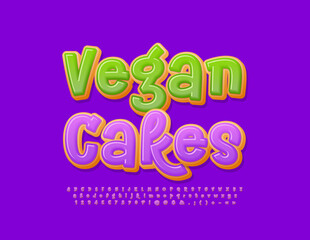 Vector playful emblem Vegan Cakes. Funny handwritten Font. Tasty Сake Alphabet Letters and Numbers set