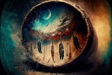 Fotobehang Beautiful shaman drum, shaman drum to call the spirits, shamanism, spirituality, mystic, spirits, call of the drum, shaman, illustration, generative ai © Caphira Lescante
