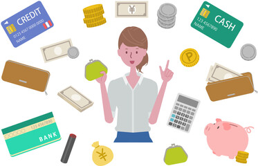 家計管理・お金関連のイラストセット（主婦・お金・貯金・クレジット・通帳）
